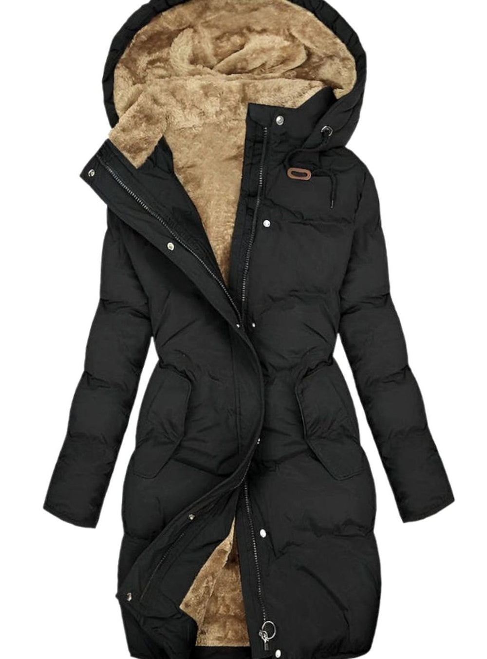Women's Quilted Long Hooded Coat Fleece-Lined Full-Zip Parka - Black