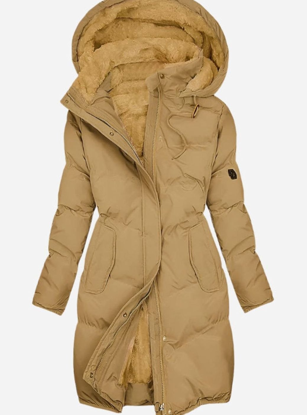 Women's Quilted Long Hooded Coat Fleece-Lined Full-Zip Parka - Yellow