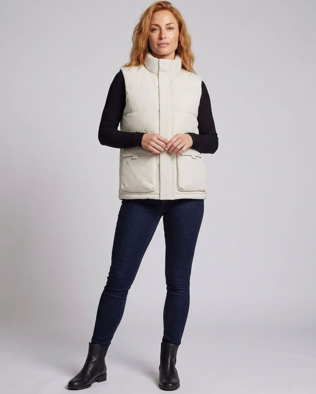 Women's Quilted Puffer Vest High-Neck Zip-Up Flap Pocket Sleeveless Jacket