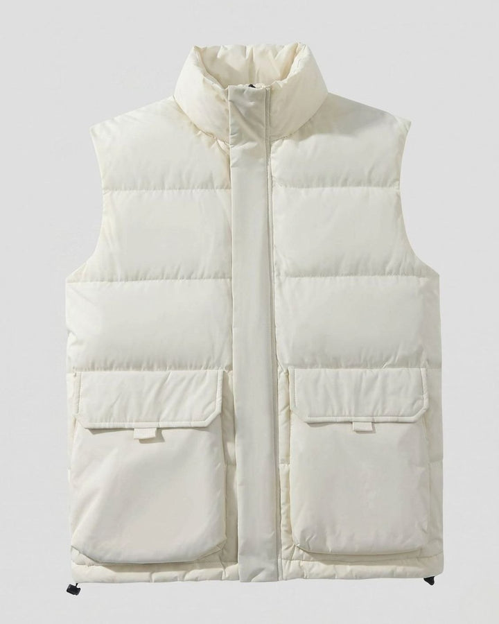 Women's Quilted Puffer Vest High-Neck Zip-Up Flap Pocket Sleeveless Jacket - Ecru White