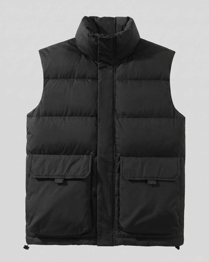 Women's Quilted Puffer Vest High-Neck Zip-Up Flap Pocket Sleeveless Jacket - Black