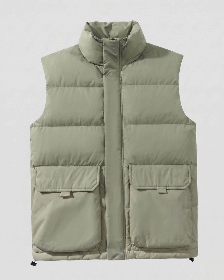 Women's Quilted Puffer Vest High-Neck Zip-Up Flap Pocket Sleeveless Jacket - Light Green