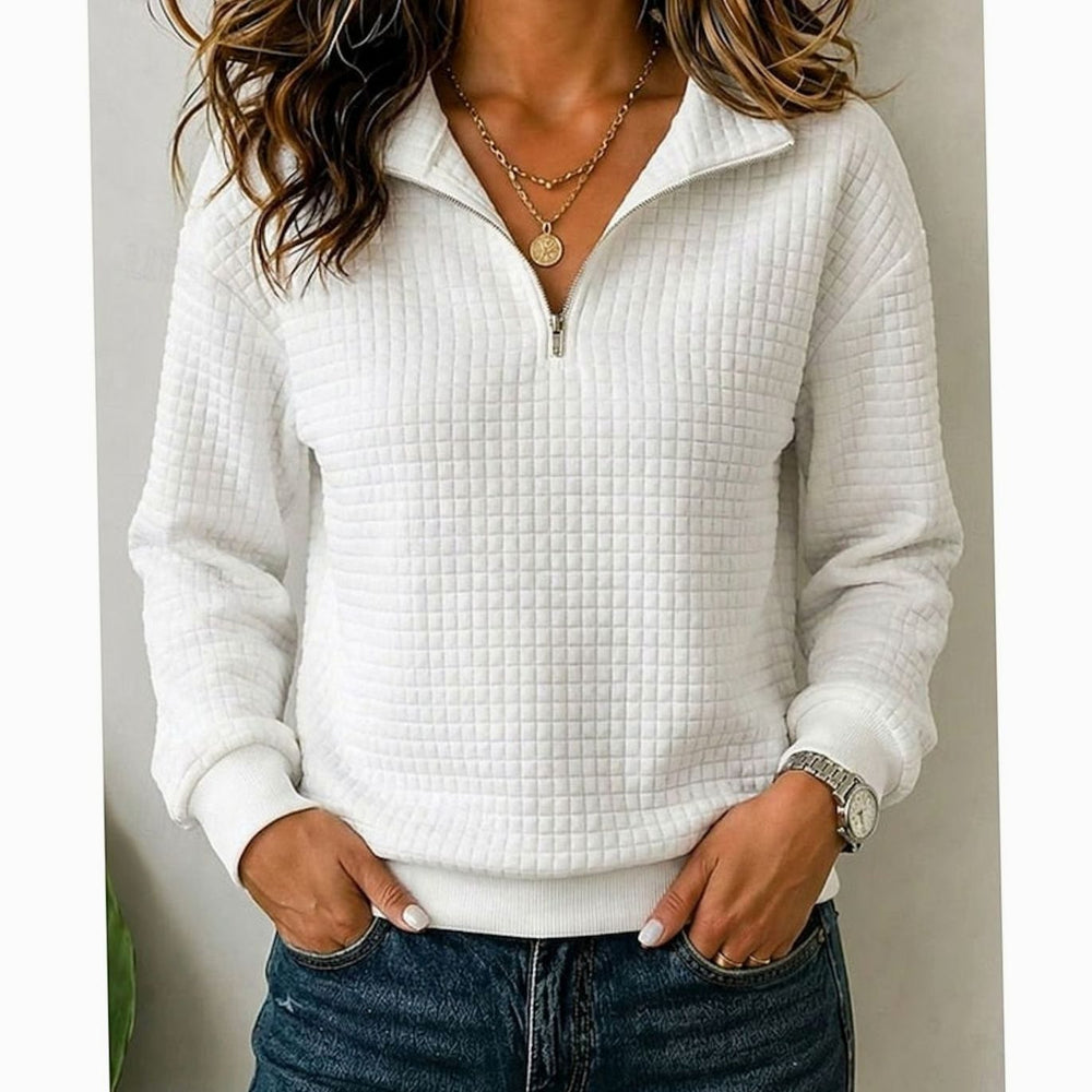 Women's Quilted Texture Quarter-Zip Pullover Sweater - White