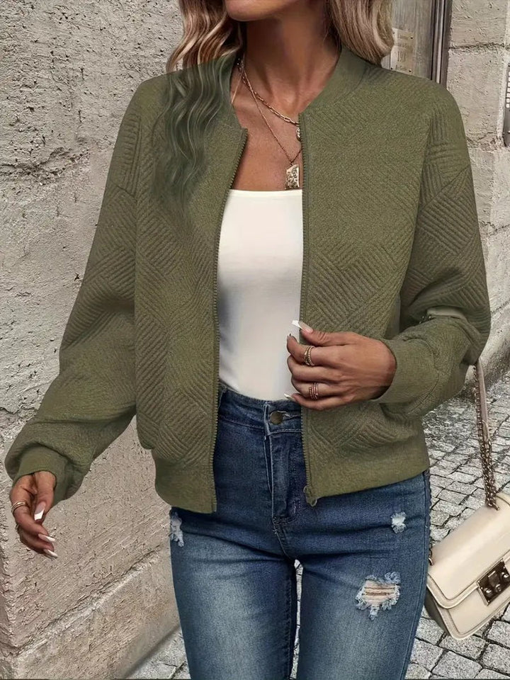 Women's Quilted Zip-Up Bomber Jacket Textured Lightweight - Olive Green