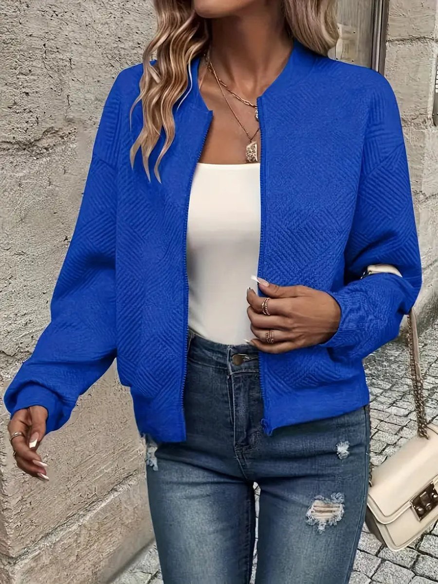 Women's Quilted Zip-Up Bomber Jacket Textured Lightweight - Blue