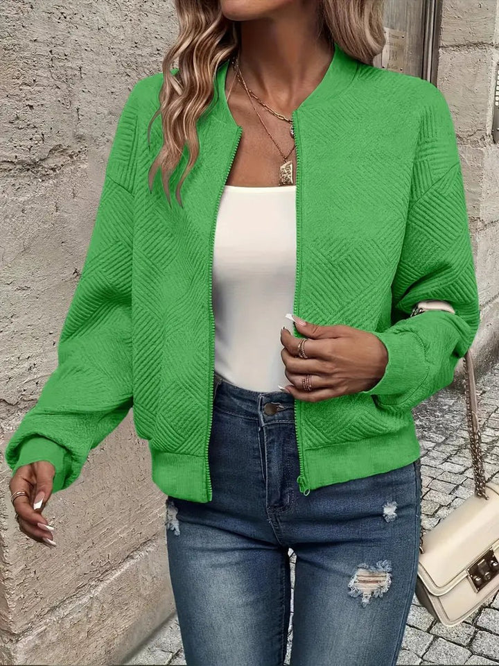 Women's Quilted Zip-Up Bomber Jacket Textured Lightweight - Green