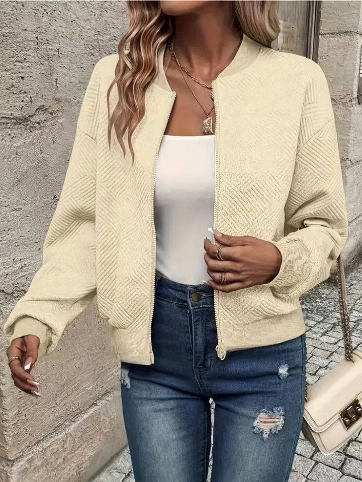 Women's Quilted Zip-Up Bomber Jacket Textured Lightweight - Apricot