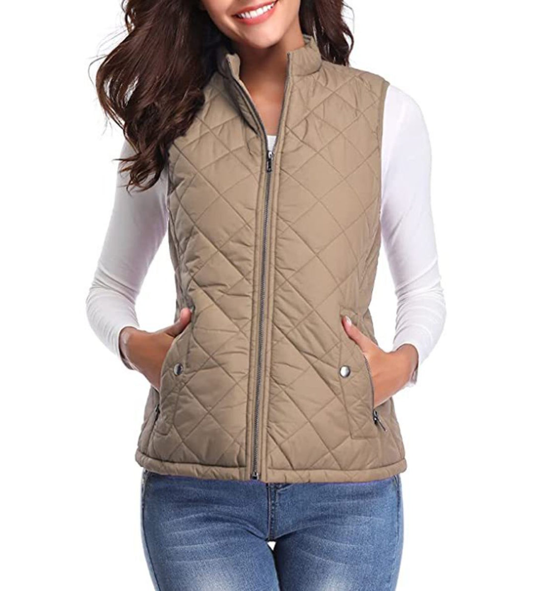 Women's Quilted Zip-Up Sleeveless Puffer Vest - Light Mocha
