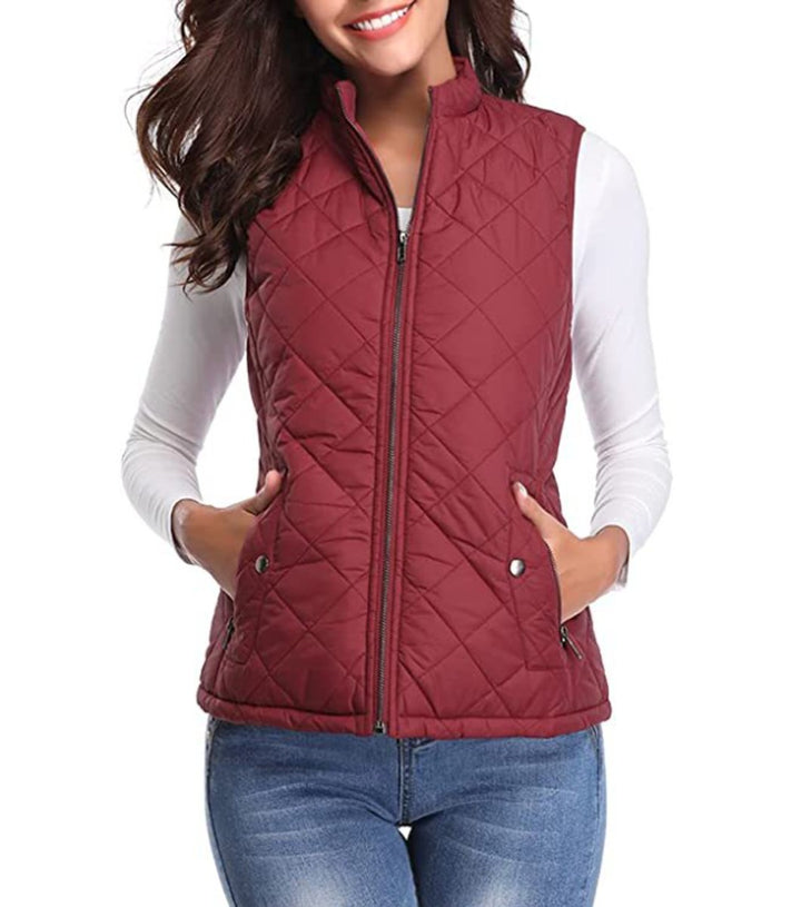 Women's Quilted Zip-Up Sleeveless Puffer Vest - Burgundy