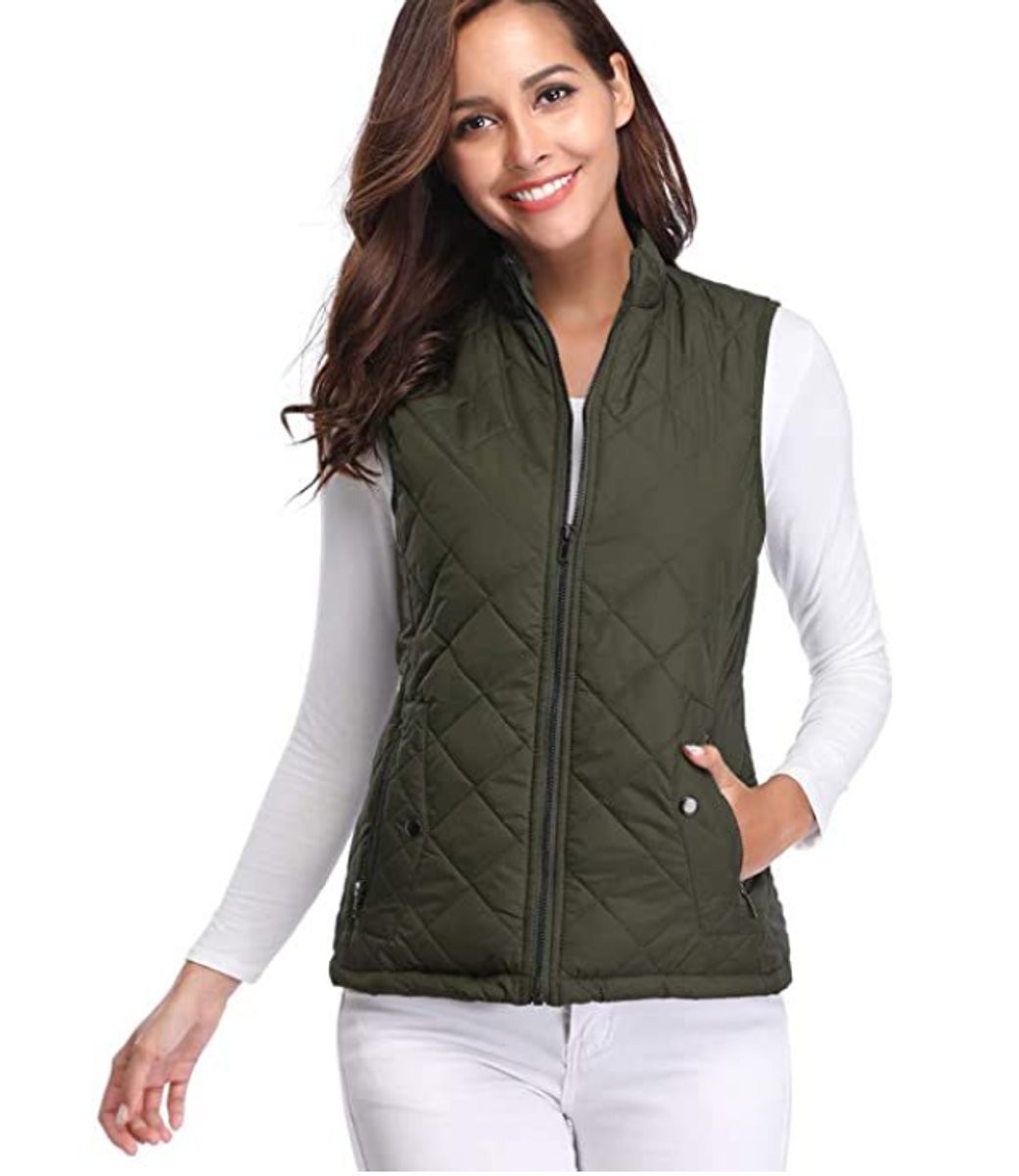 Women's Quilted Zip-Up Sleeveless Puffer Vest - Olive Green