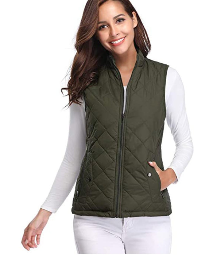 Women's Quilted Zip-Up Sleeveless Puffer Vest - Olive Green