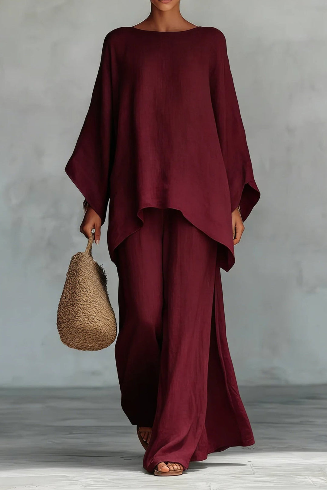 Women's Relaxed Batwing-Sleeve Linen-Blend Wide-Leg Pants Set - Burgundy