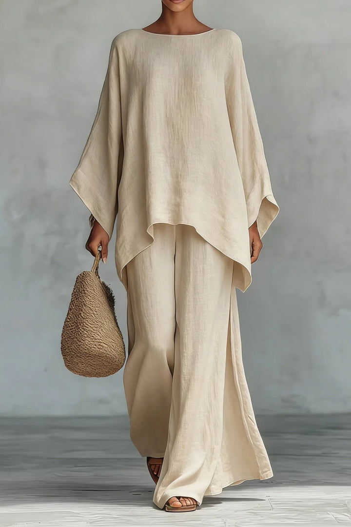 Women's Relaxed Batwing-Sleeve Linen-Blend Wide-Leg Pants Set - Khaki