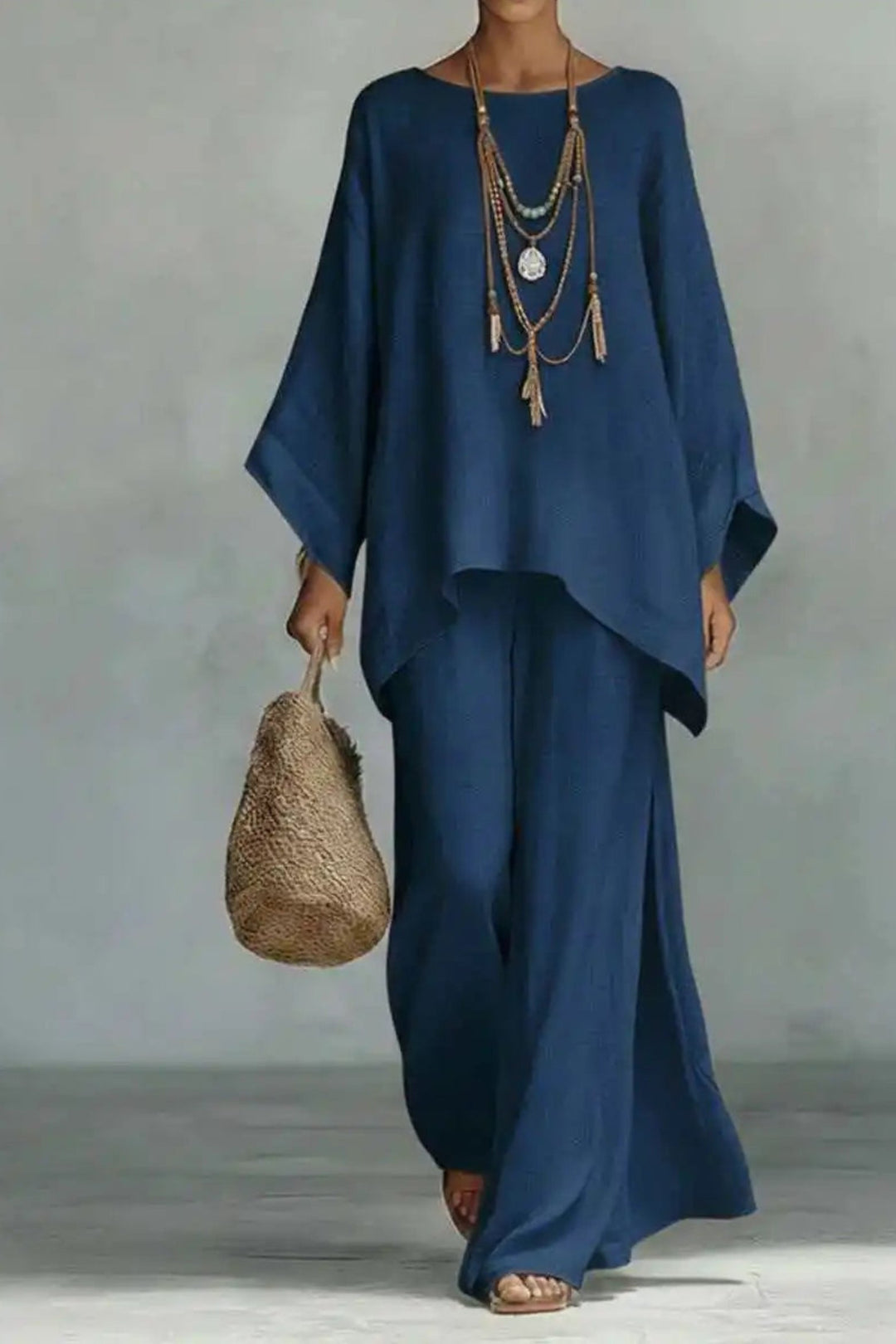 Women's Relaxed Batwing-Sleeve Linen-Blend Wide-Leg Pants Set - Navy