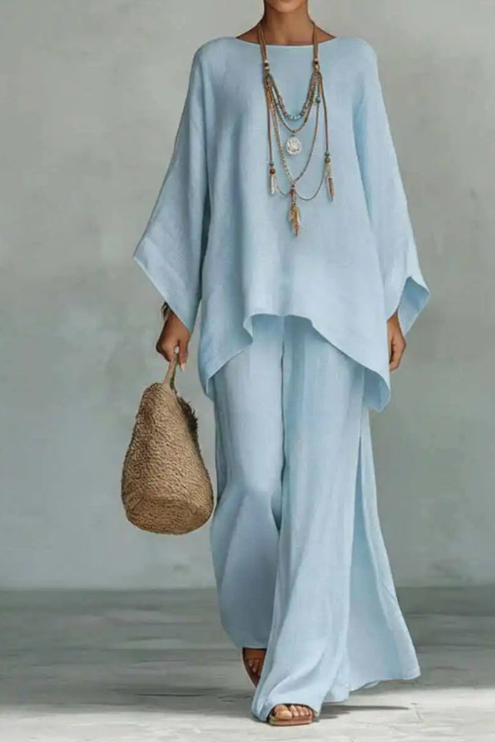 Women's Relaxed Batwing-Sleeve Linen-Blend Wide-Leg Pants Set - Light Blue
