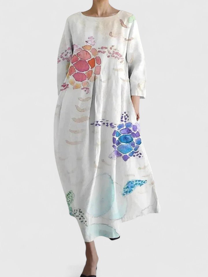 Women's Relaxed-Fit 3/4-Sleeve Sea Turtle Print Midi Dress - Flower 1