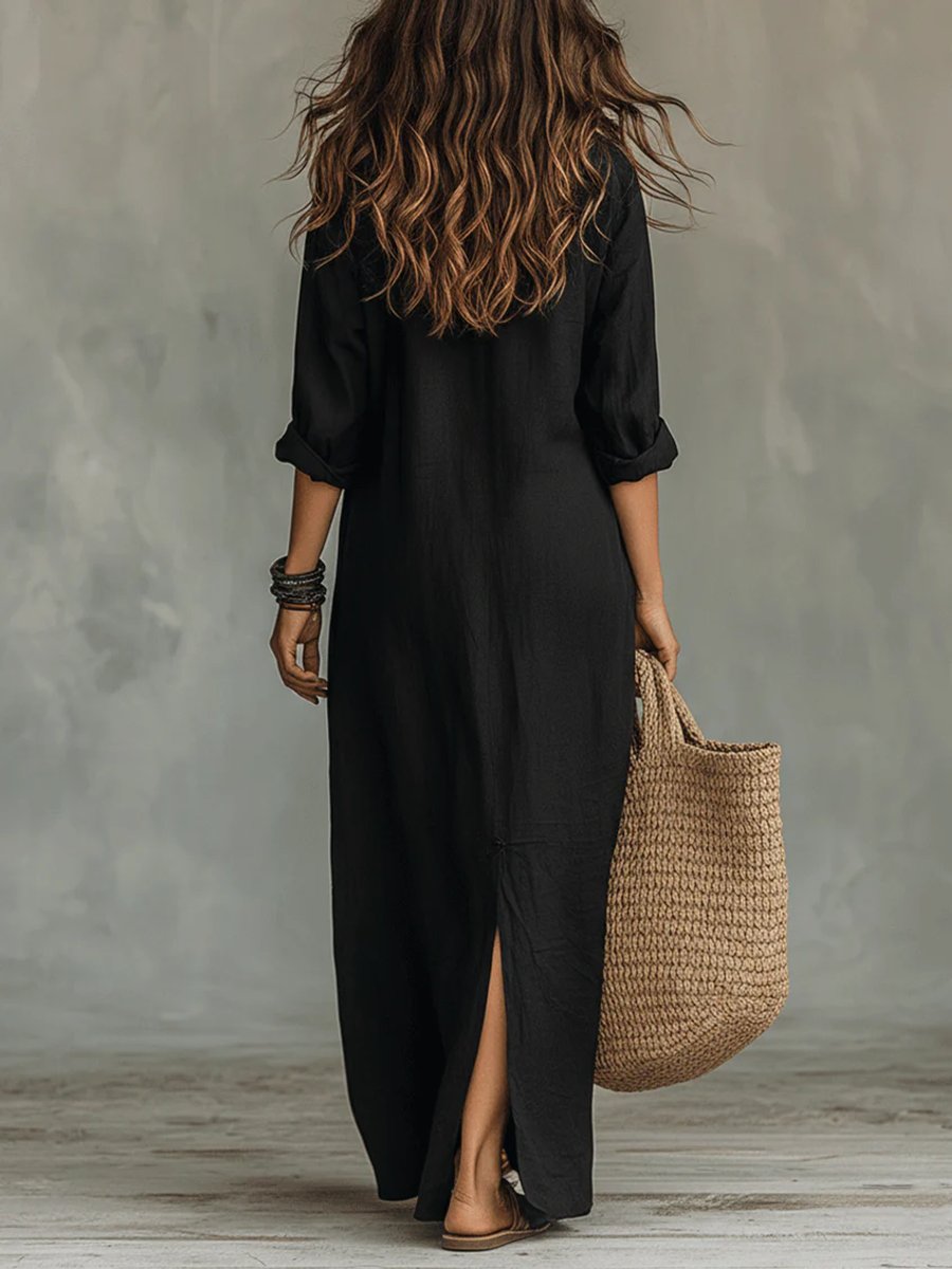 Women's Relaxed-Fit Button-Down Long Sleeve Maxi Shirt Dress