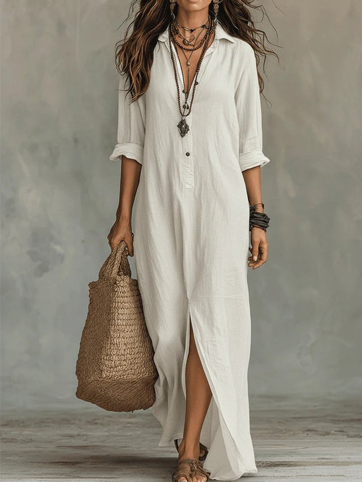 Women's Relaxed-Fit Button-Down Long Sleeve Maxi Shirt Dress - White