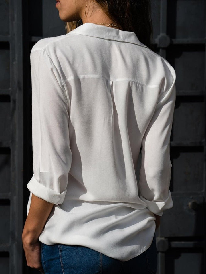 Women's Relaxed-Fit Button-Down Roll-Sleeve Collared Blouse