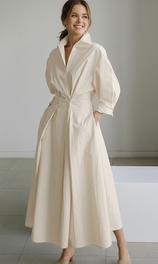 Women's Relaxed-Fit Button-Front Long Sleeve Maxi Shirt Dress - Beige
