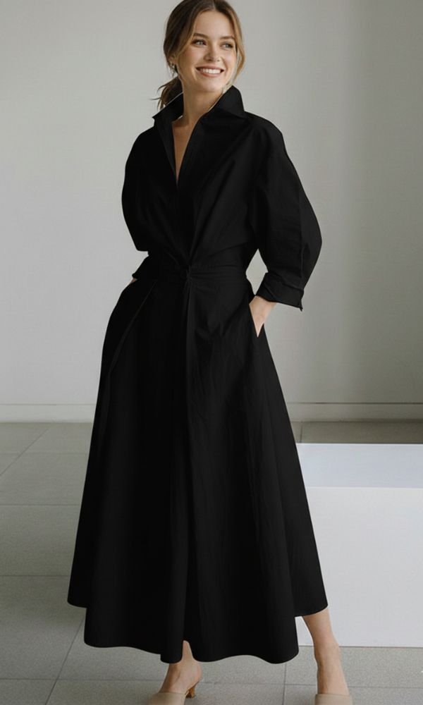 Women's Relaxed-Fit Button-Front Long Sleeve Maxi Shirt Dress - Black