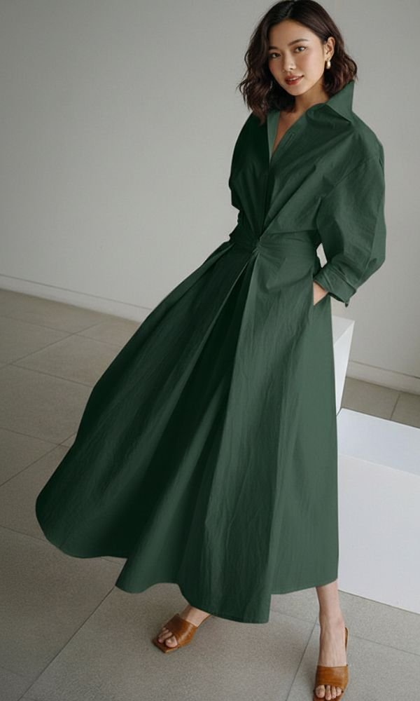 Women's Relaxed-Fit Button-Front Long Sleeve Maxi Shirt Dress - Army Green