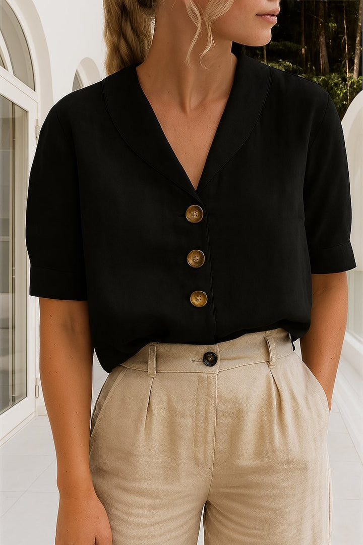 Women's Relaxed-Fit Button-Front Short-Sleeve Collared Blouse - Black