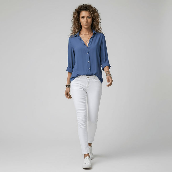 Women's Relaxed-Fit Button-Up Long Sleeve Shirt Collar Blouse