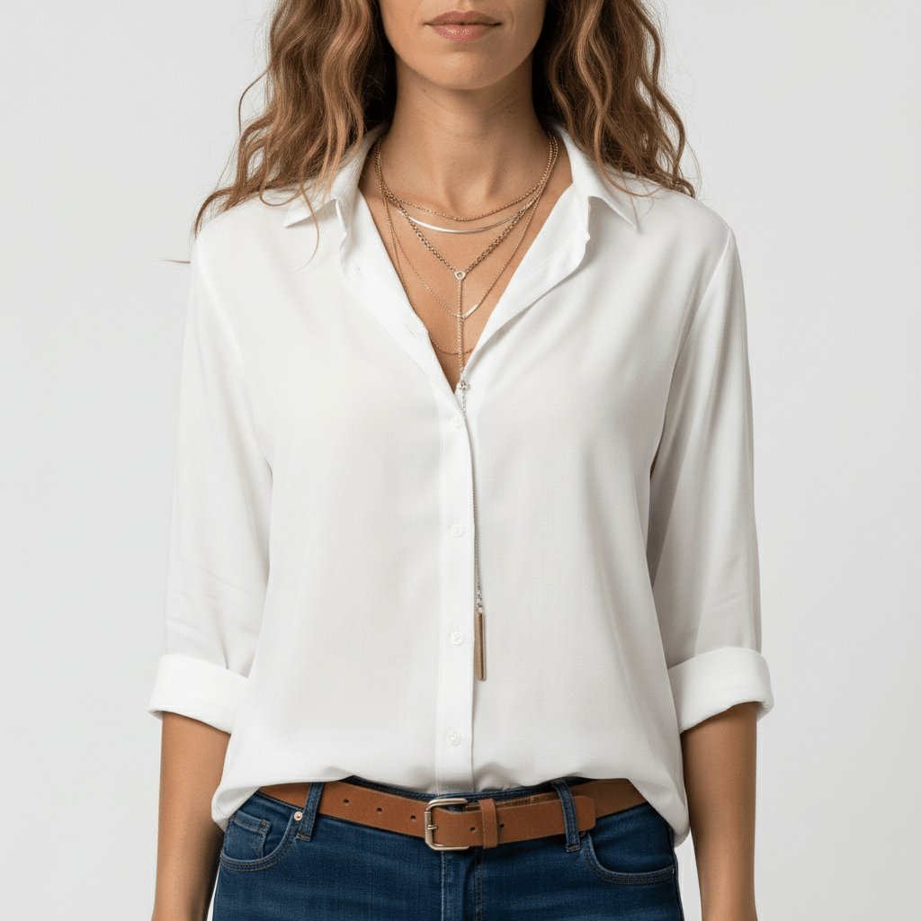Women's Relaxed-Fit Button-Up Long Sleeve Shirt Collar Blouse - Pure White