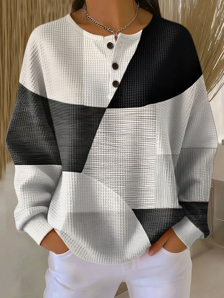 Women's Relaxed-Fit Color-Block Waffle-Knit Henley Sweater - Natural