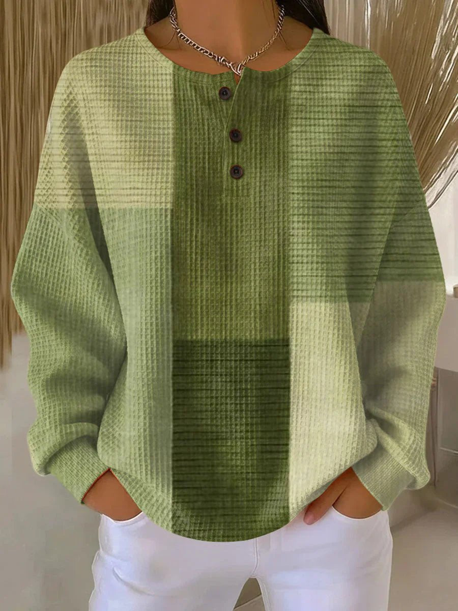 Women's Relaxed-Fit Color-Block Waffle-Knit Henley Sweater - Green