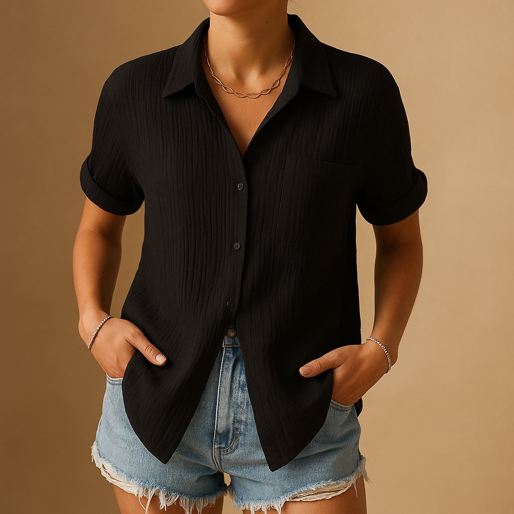 Women's Relaxed-Fit Cotton Gauze Short Sleeve Button-Down Shirt - Black