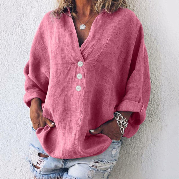 Women's Relaxed-Fit Cotton Linen Button-Up Sweater - Pink