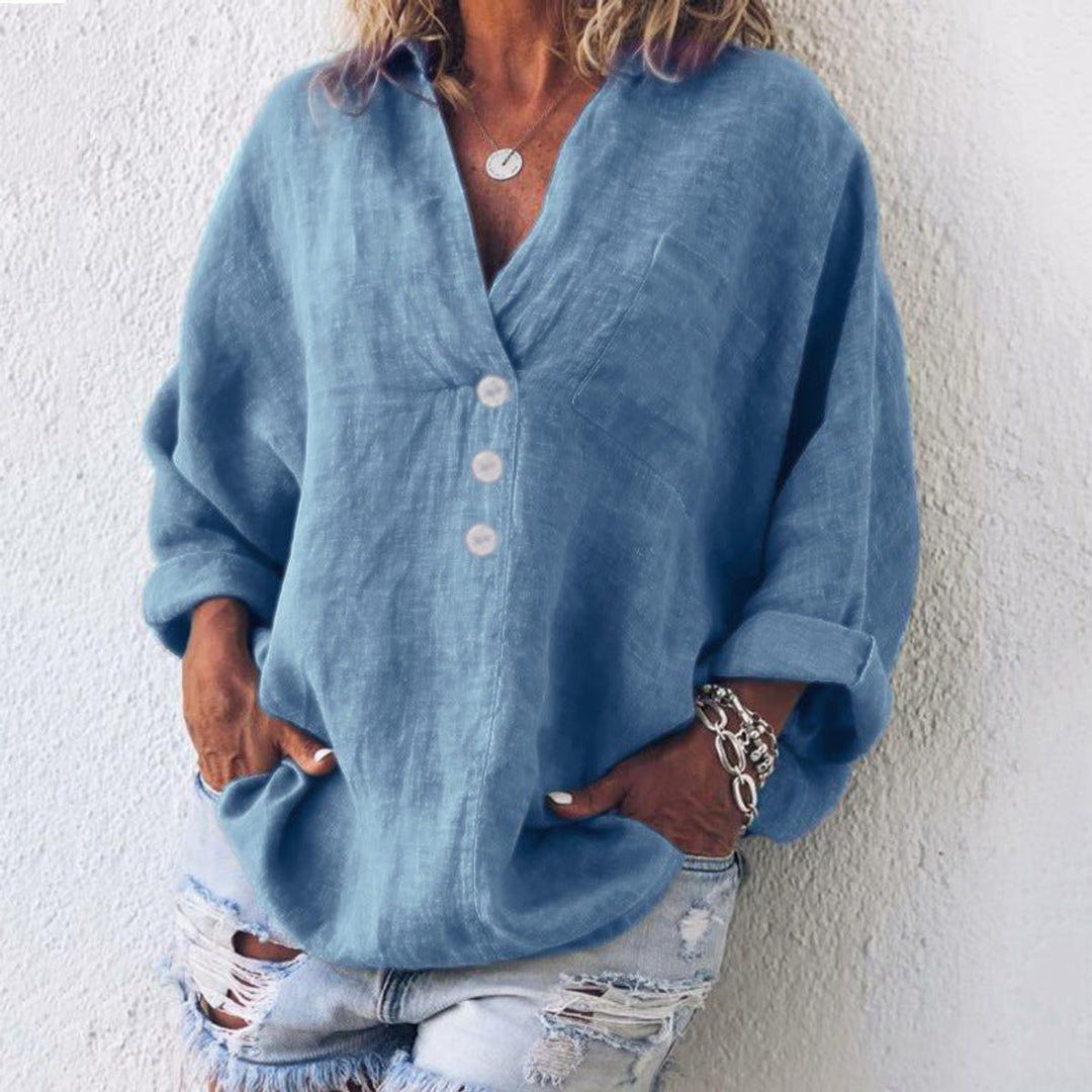 Women's Relaxed-Fit Cotton Linen Button-Up Sweater - Blue