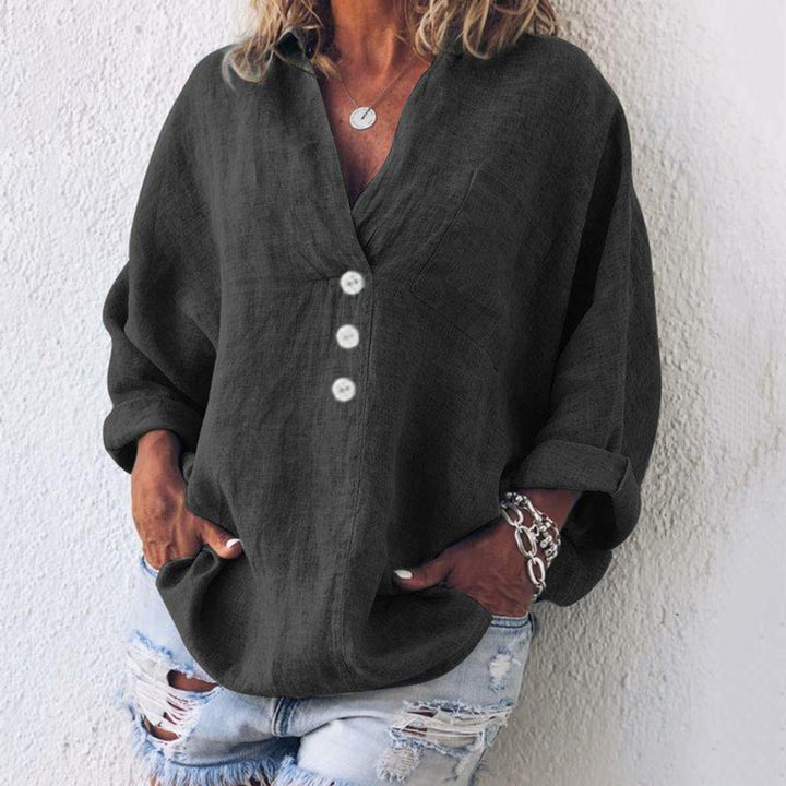 Women's Relaxed-Fit Cotton Linen Button-Up Sweater - Black