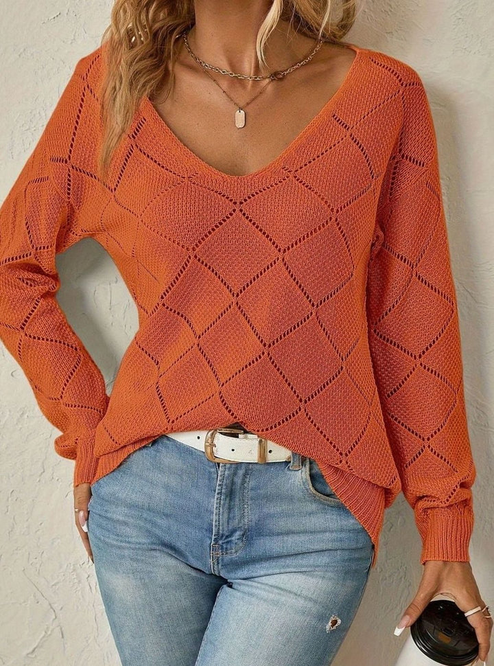 Women's Relaxed-Fit Diamond Openwork V-Neck Sweater