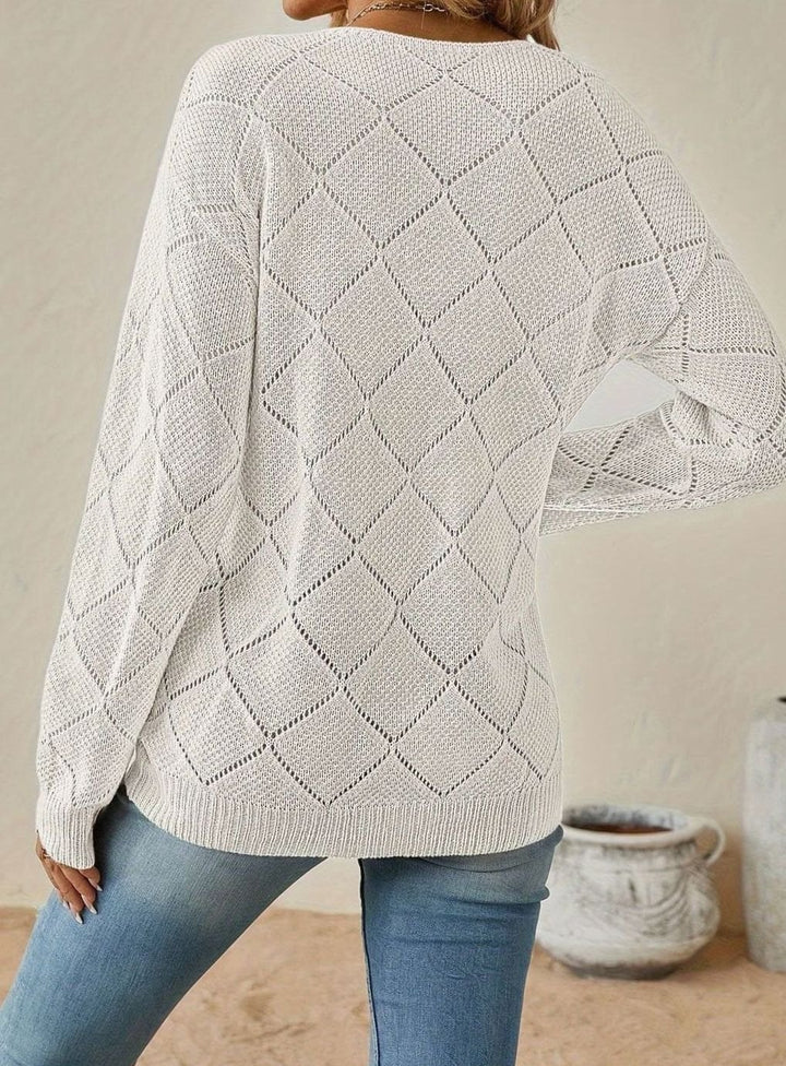 Women's Relaxed-Fit Diamond Openwork V-Neck Sweater