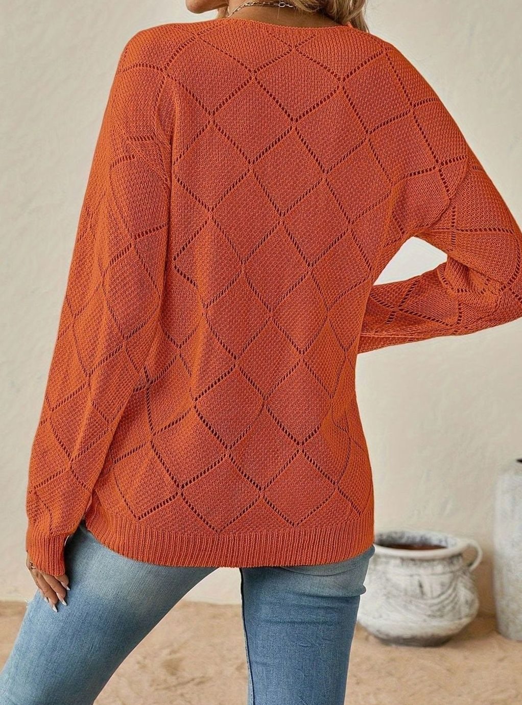 Women's Relaxed-Fit Diamond Openwork V-Neck Sweater