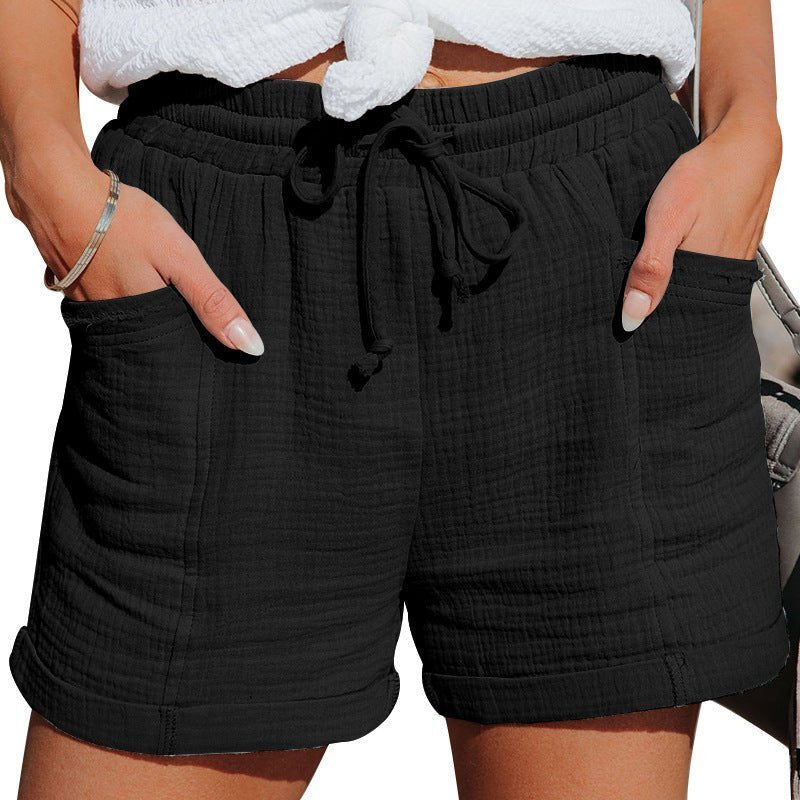Women's Relaxed-Fit Drawstring Elastic-Waist Gauze Cotton Shorts - Black