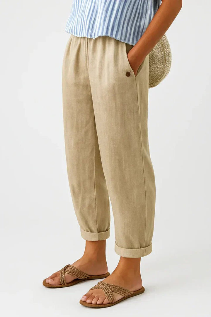 Women's Relaxed-Fit Elastic-Waist Cropped Linen Pants - Beige