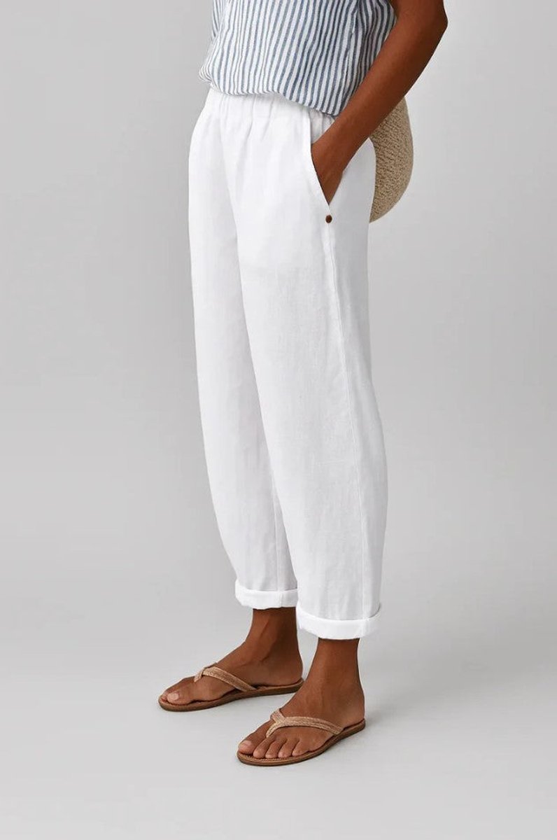 Women's Relaxed-Fit Elastic-Waist Cropped Linen Pants - White