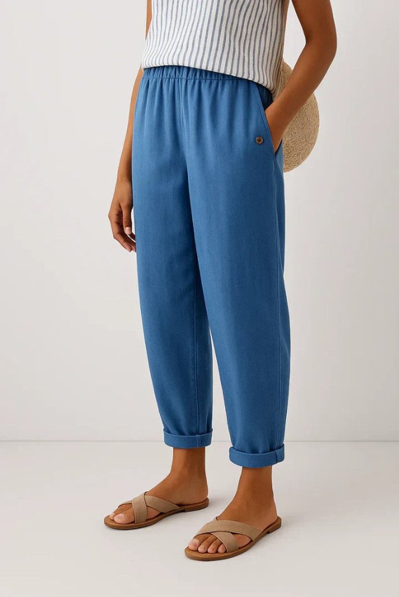Women's Relaxed-Fit Elastic-Waist Cropped Linen Pants - Blue