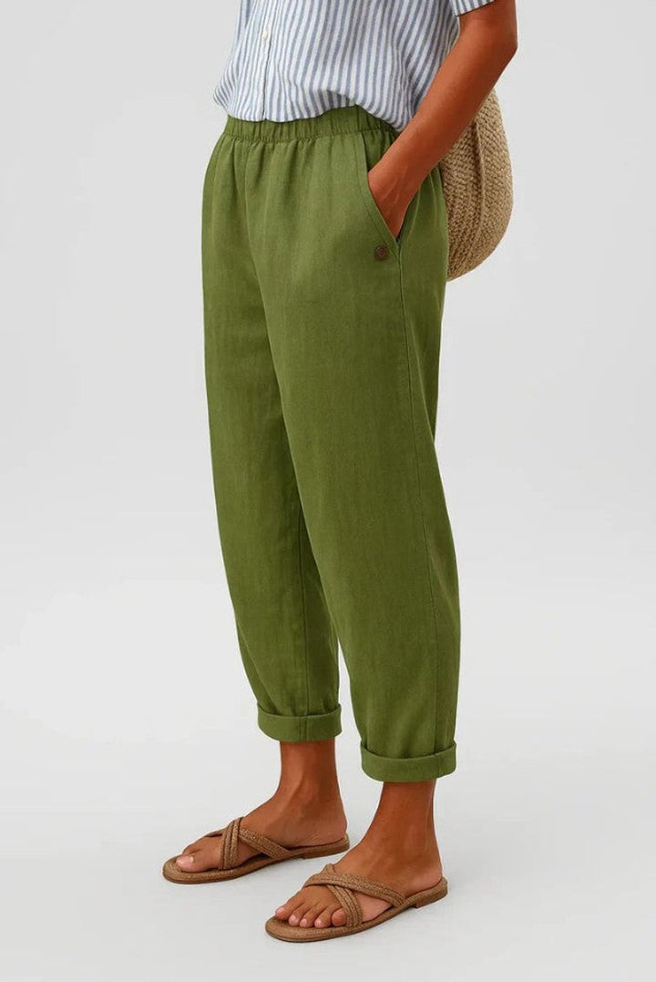 Women's Relaxed-Fit Elastic-Waist Cropped Linen Pants - Olive Green