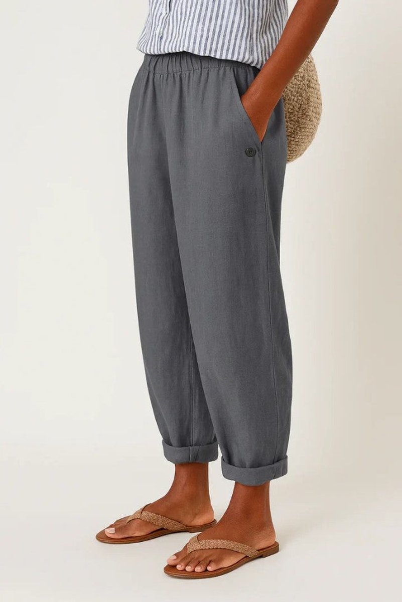 Women's Relaxed-Fit Elastic-Waist Cropped Linen Pants - Dark Gray