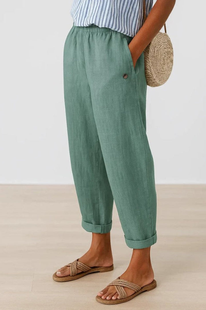 Women's Relaxed-Fit Elastic-Waist Cropped Linen Pants - Turquoise