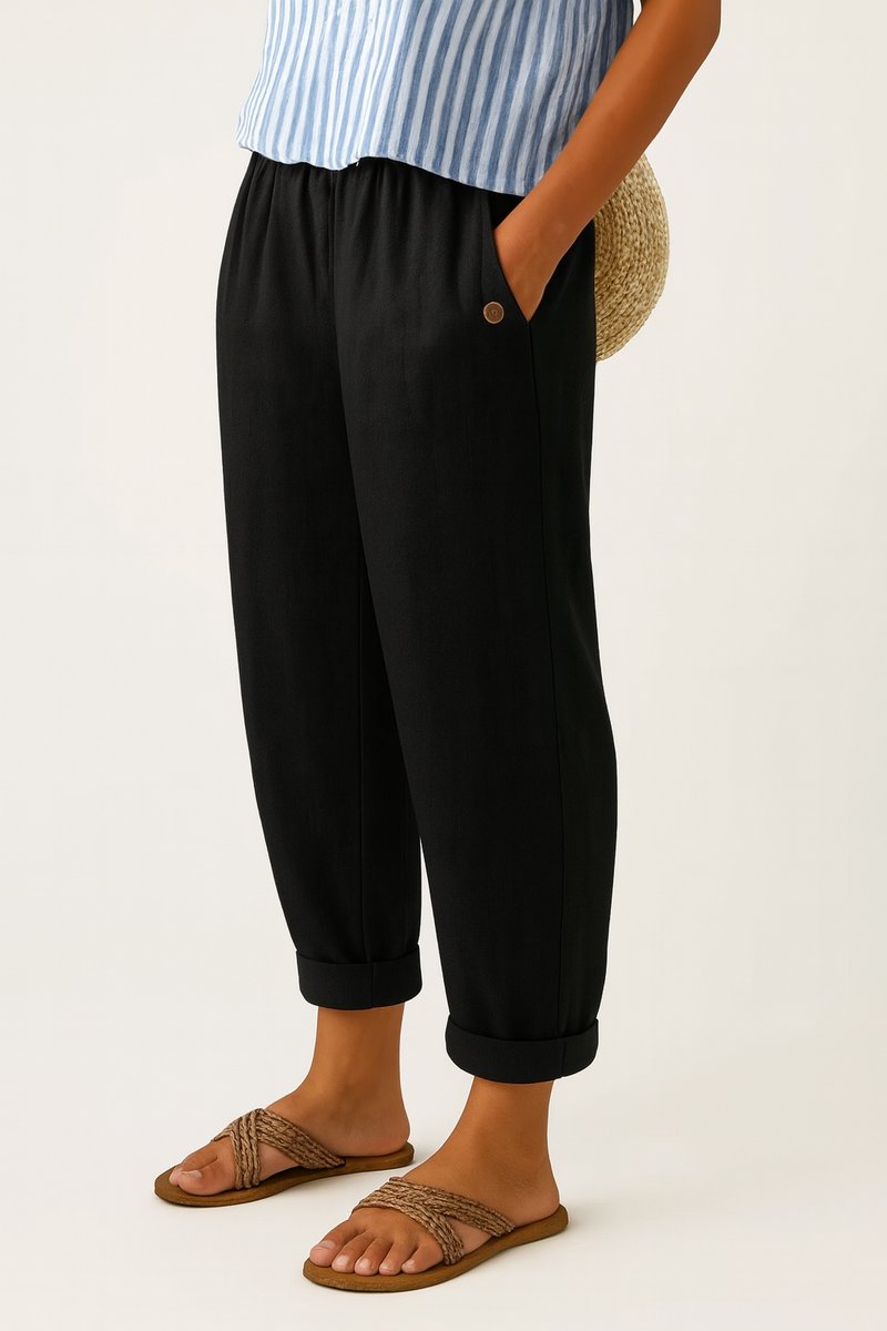 Women's Relaxed-Fit Elastic-Waist Cropped Linen Pants - Black