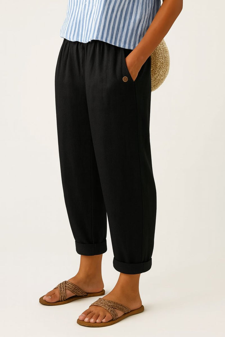 Women's Relaxed-Fit Elastic-Waist Cropped Linen Pants - Black