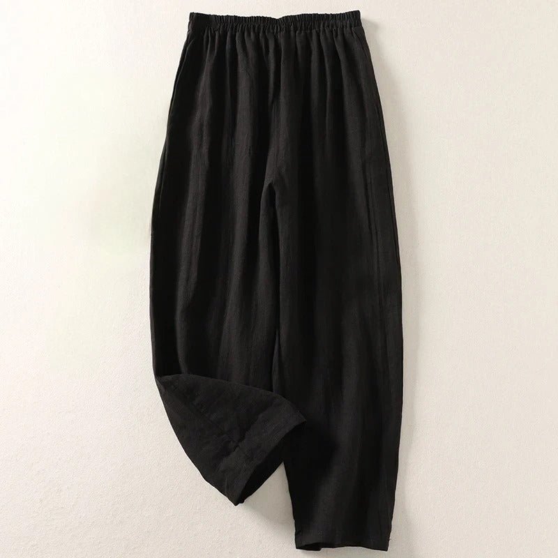 Women's Relaxed-Fit Elastic-Waist Linen Pants - Black