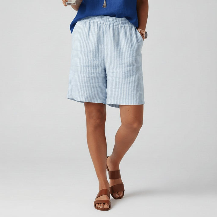 Women's Relaxed-Fit Elastic-Waist Striped Linen Bermuda Shorts - Sky Blue