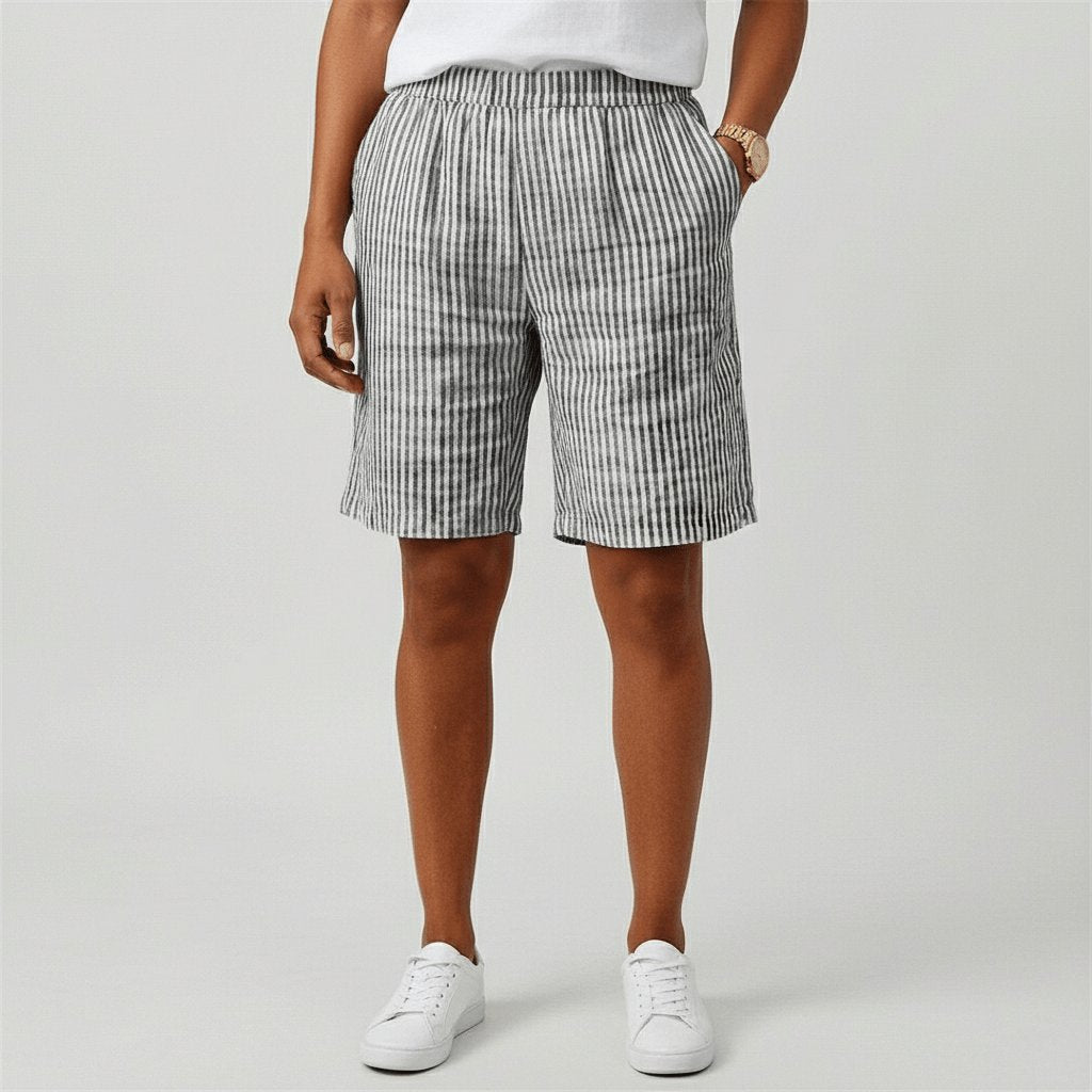 Women's Relaxed-Fit Elastic-Waist Striped Linen Bermuda Shorts - Monochrome Grey